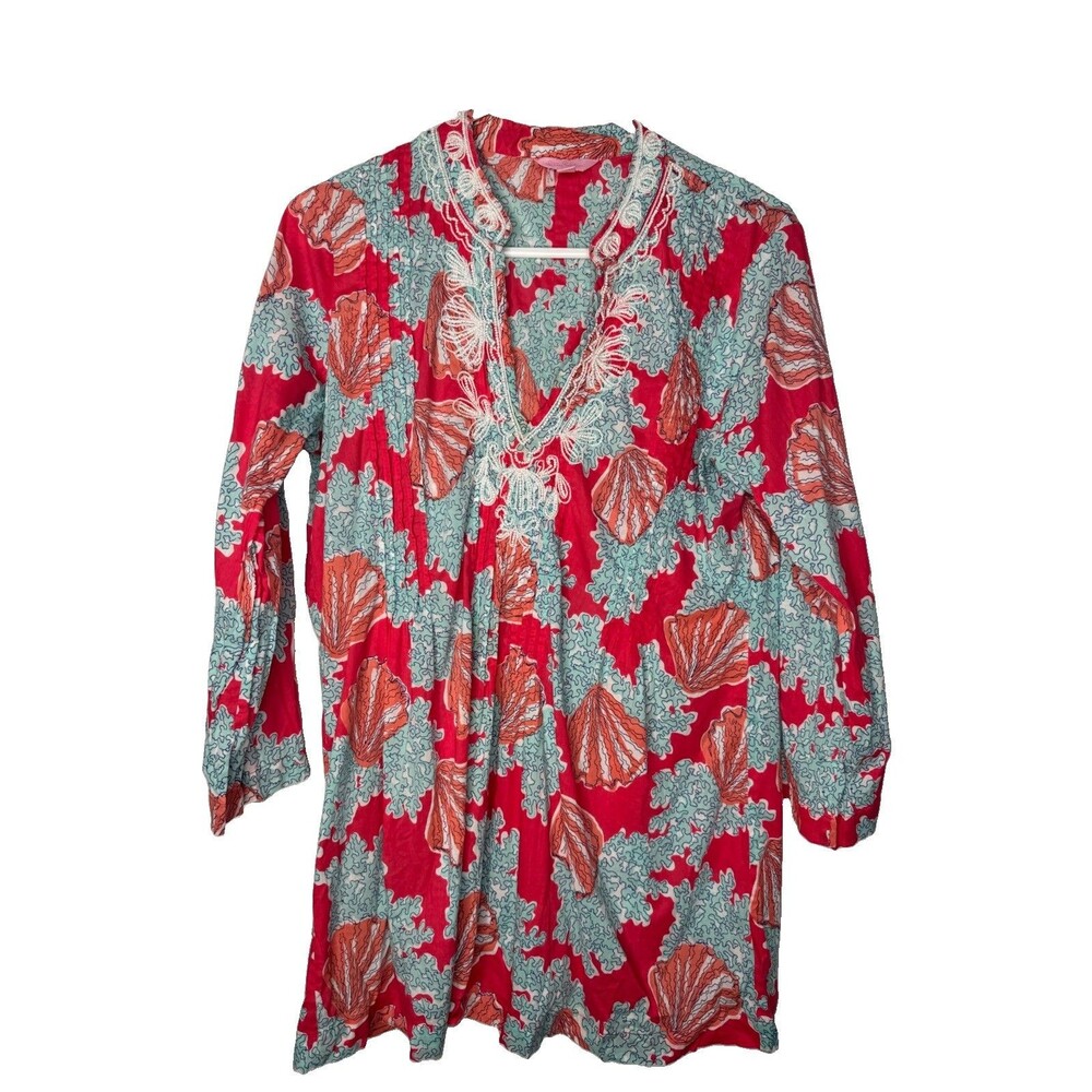 Lilly Pulitzer Women’s Top Medium Seashell Beaded Tunic 3/4 Sleeve Cotton